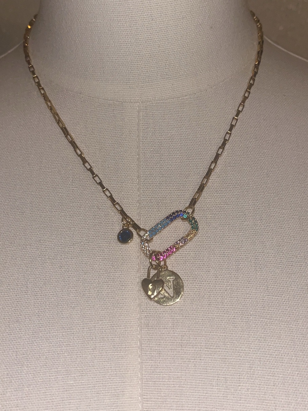 Gold Initial 'N' Charm Necklace with Multicolor CZ Loop, Heart & Green stone - Picture 4 of 5